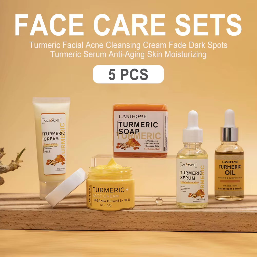 Turmeric Face Care Sets Turmeric Facial Acne Cleansing Cream Fade Dark Spots Turmeric Serum Anti-Aging Skin Moisturizing 5Pcs