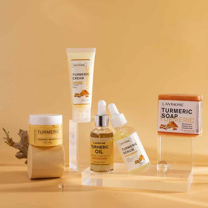 Turmeric Face Care Sets Turmeric Facial Acne Cleansing Cream Fade Dark Spots Turmeric Serum Anti-Aging Skin Moisturizing 5Pcs