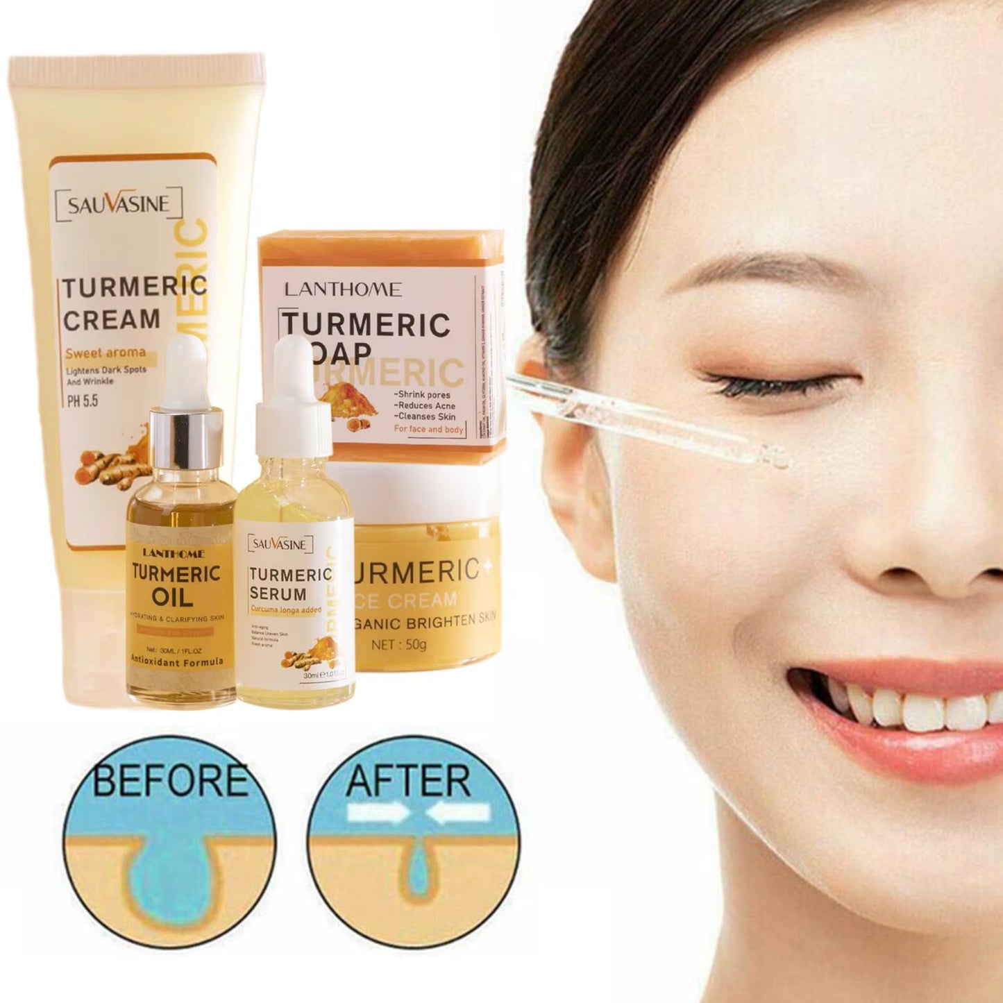 Turmeric Face Care Sets Turmeric Facial Acne Cleansing Cream Fade Dark Spots Turmeric Serum Anti-Aging Skin Moisturizing 5Pcs