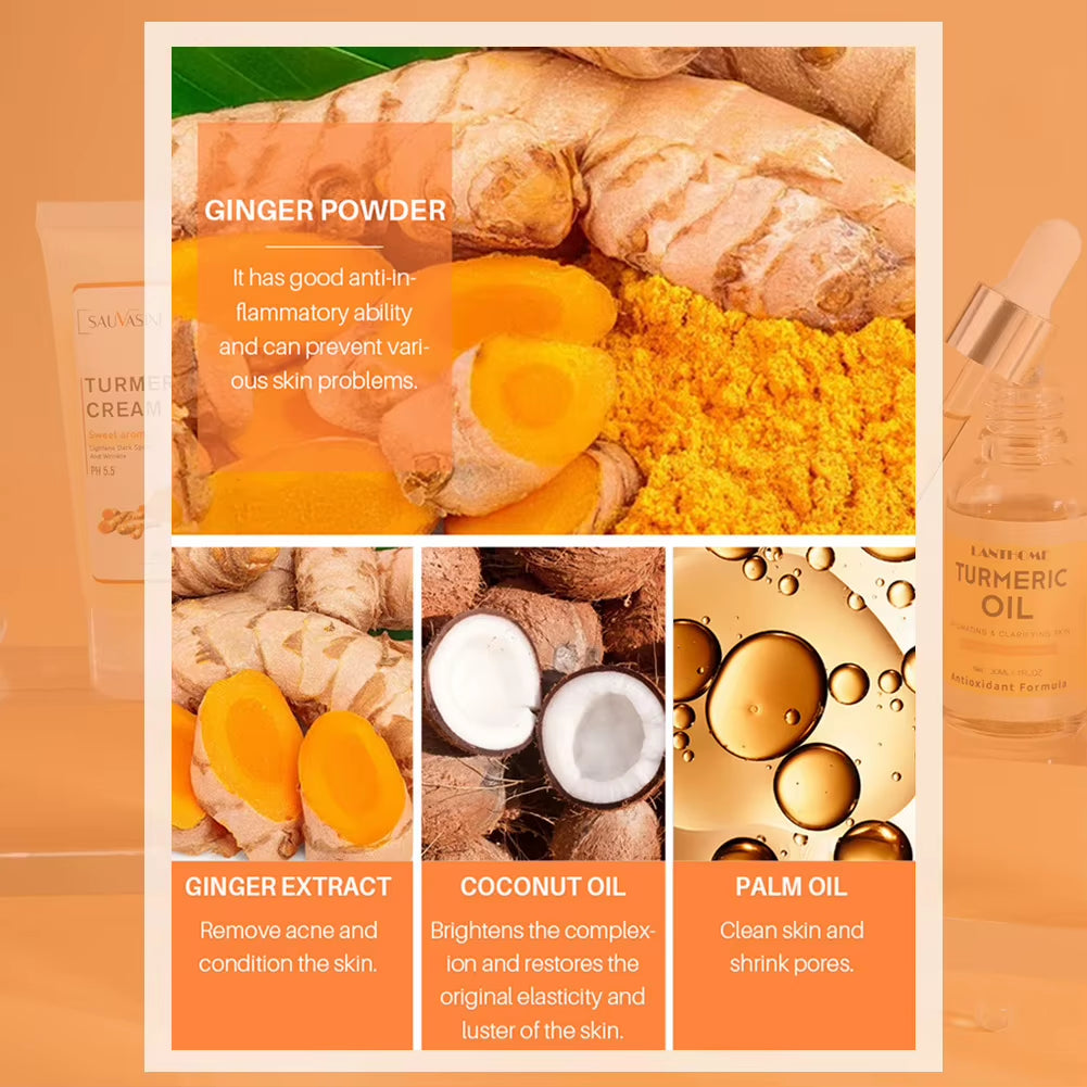 Turmeric Face Care Sets Turmeric Facial Acne Cleansing Cream Fade Dark Spots Turmeric Serum Anti-Aging Skin Moisturizing 5Pcs
