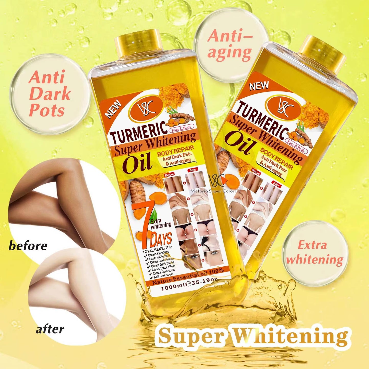 Wholesale 200Ml 500Ml 1000Ml Body Bleaching Whitening Face Body Oil Skin Veet Gold Super Turmeric Brightening Oil