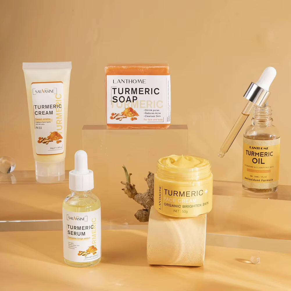 Turmeric Face Care Sets Turmeric Facial Acne Cleansing Cream Fade Dark Spots Turmeric Serum Anti-Aging Skin Moisturizing 5Pcs